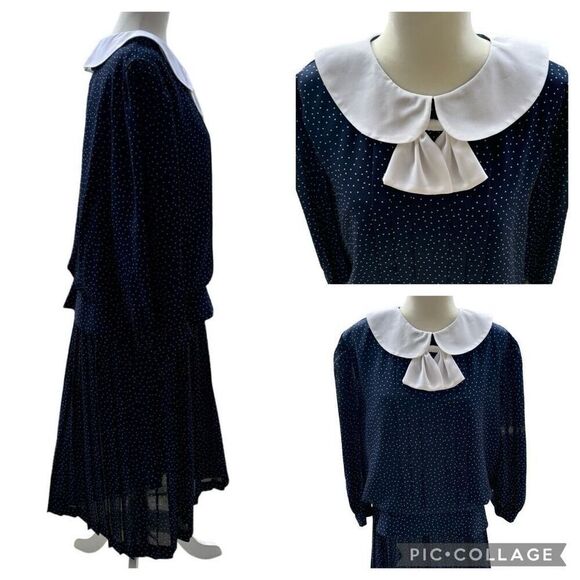 2 Pieces Vintage Mono New York Navy White Polka Dot Peter Pan Top Pleated Shirt - Picture 3 of 8